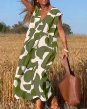 Women's Abstract Print Relaxed Midi Dress V-Neck Short Sleeve Casual Loose Fit