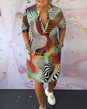 Women's Abstract Wave Print Shirt Dress V-Neck Half Sleeve Casual Midi