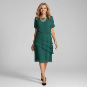 Women's Elegant Layered Chiffon Midi Dress with Short Sleeves