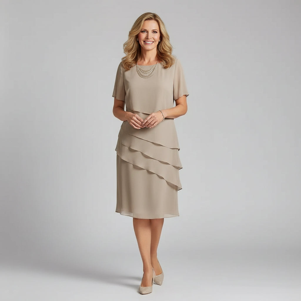 Women's Elegant Layered Chiffon Midi Dress with Short Sleeves