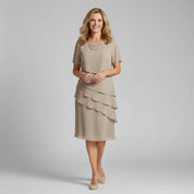 Women's Elegant Layered Chiffon Midi Dress with Short Sleeves