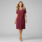 Women's Elegant Layered Chiffon Midi Dress with Short Sleeves