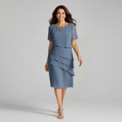 Women's Elegant Layered Chiffon Midi Dress with Short Sleeves