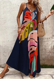 Women's Tropical Print Maxi Dress Spaghetti Strap V-Neck Flowy Sleeveless
