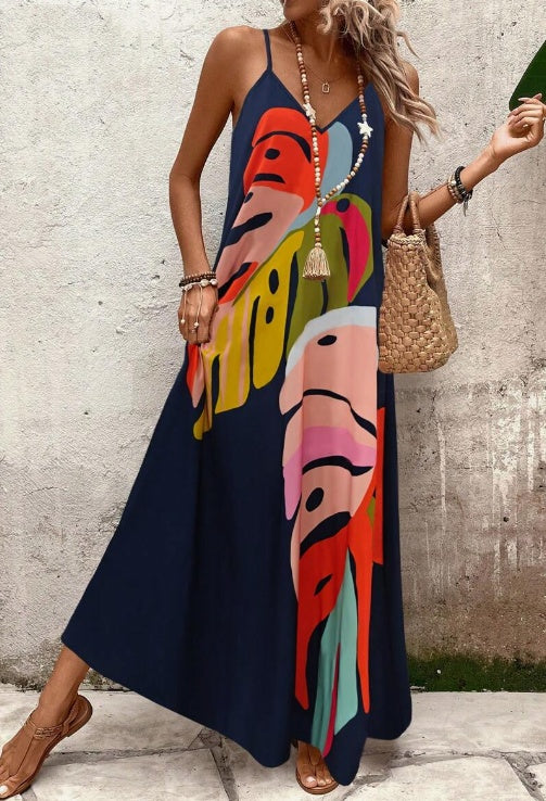 Women's Tropical Print Maxi Dress Spaghetti Strap V-Neck Flowy Sleeveless