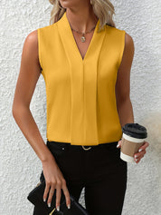 Women's Elegant Sleeveless Summer Blouse with V Neck Pleats