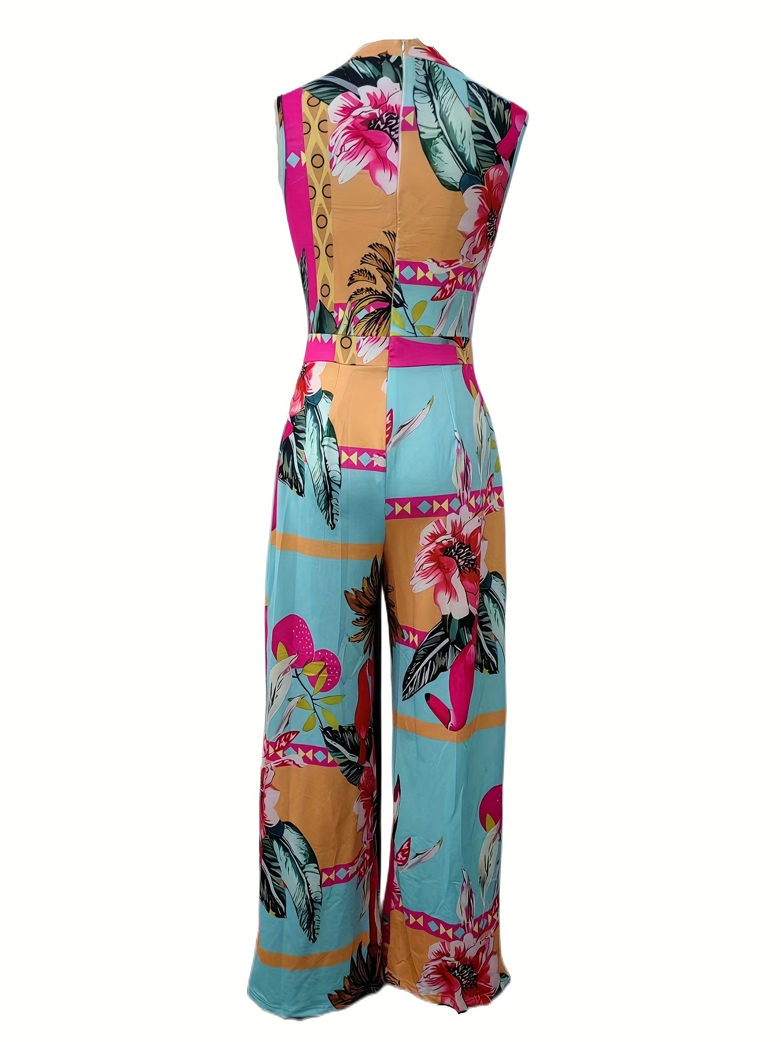 Women's Tropical Print Jumpsuit Sleeveless Belted Wide Leg Casual Summer