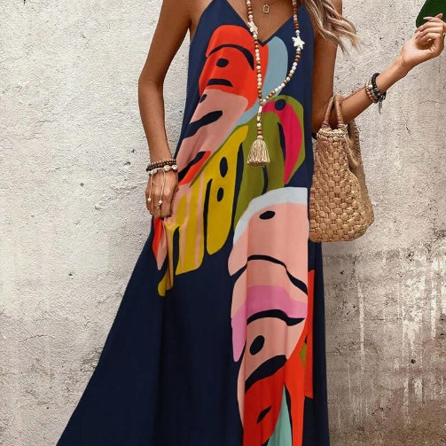Women's Tropical Print Maxi Dress Spaghetti Strap V-Neck Flowy Sleeveless
