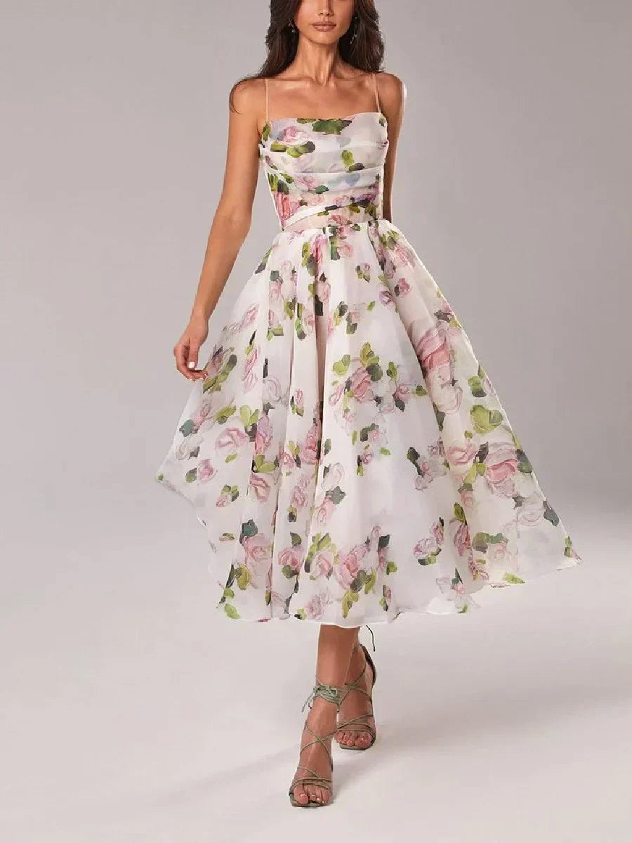 Women's Floral Midi Wedding Guest Dress with Ruffle Hem