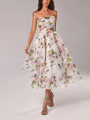 Women's Floral Midi Wedding Guest Dress with Ruffle Hem