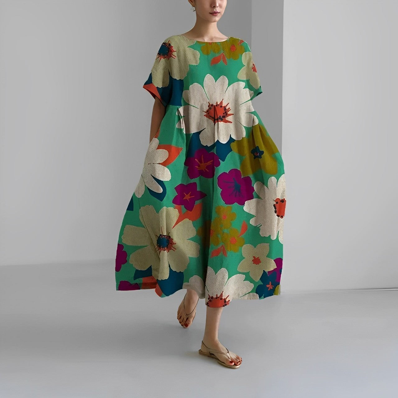 Women's Vibrant Floral Print Boxy Dress Oversized Casual Midi Short Sleeve