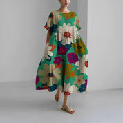 Women's Vibrant Floral Print Boxy Dress Oversized Casual Midi Short Sleeve