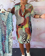 Women's Abstract Wave Print Shirt Dress V-Neck Half Sleeve Casual Midi