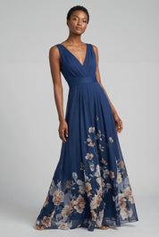 Women's Graceful Floral V-Neck Chiffon Maxi Dress