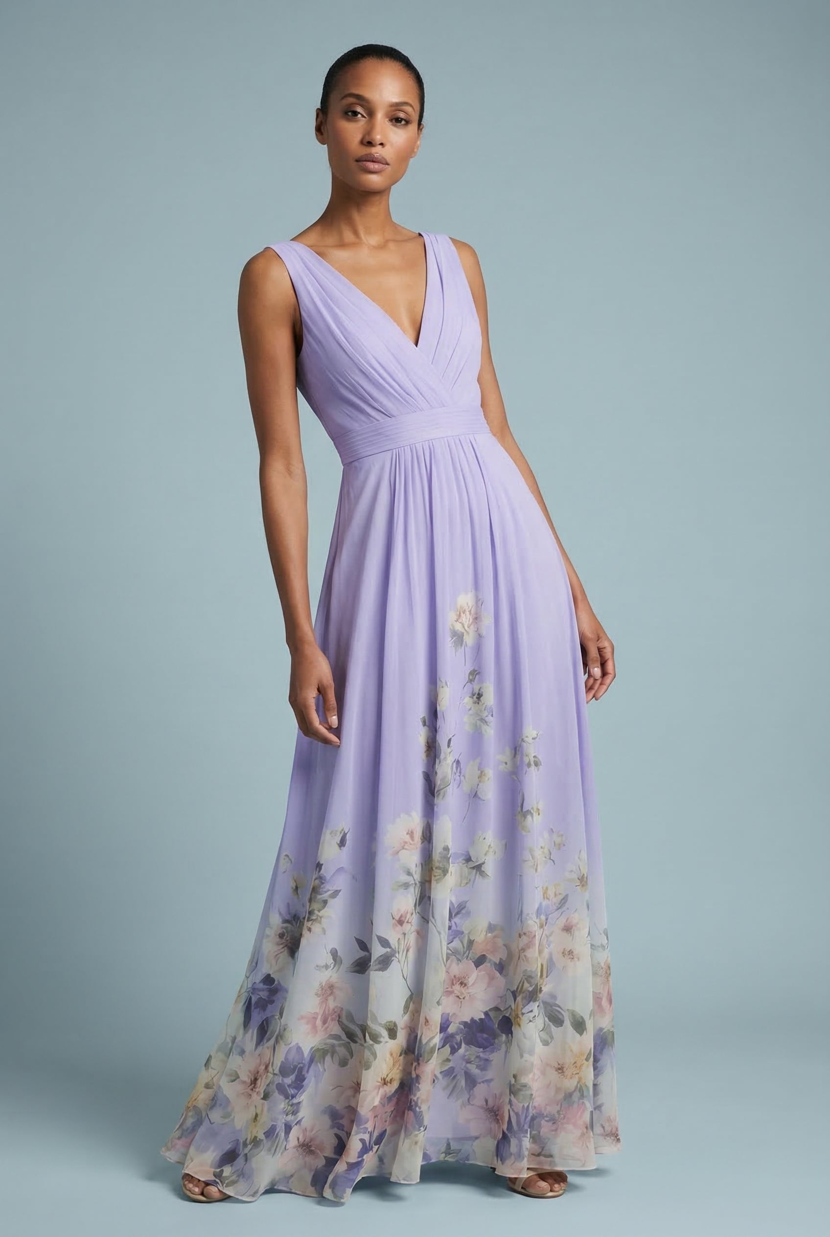 Women's Graceful Floral V-Neck Chiffon Maxi Dress