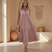 Women's Elegant Summer Dress Sleeveless V-Neck Tiered Flowy Midi Button Front