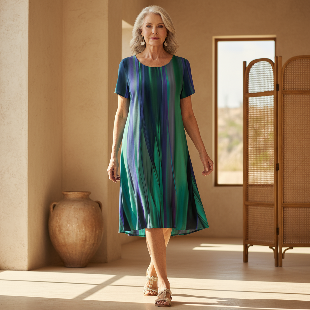 Women's Striped Relaxed Swing Dress Short Sleeve A-Line Casual Midi