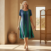 Women's Striped Relaxed Swing Dress Short Sleeve A-Line Casual Midi