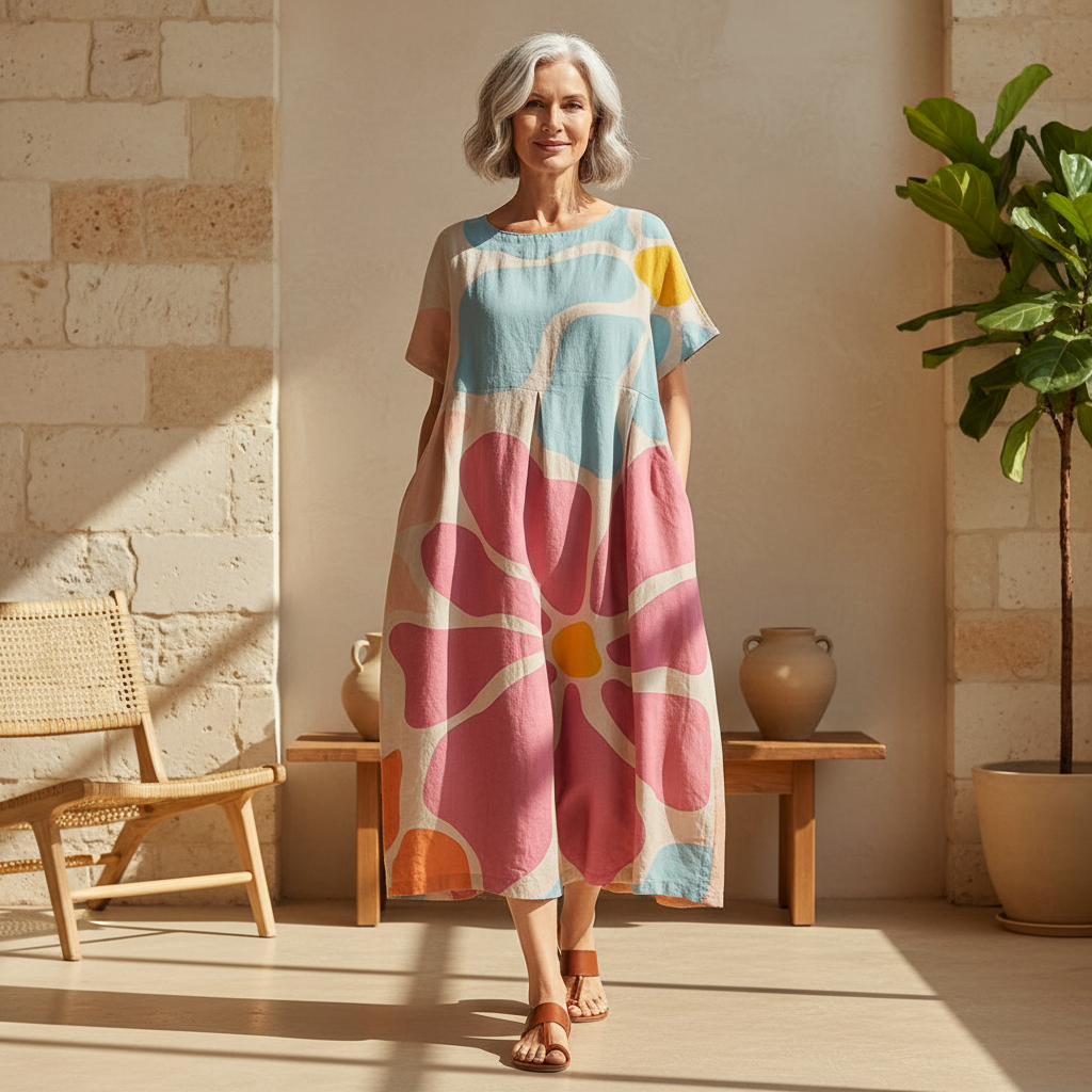 Women's Vibrant Floral Print Boxy Dress Oversized Casual Midi Short Sleeve