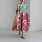 Women's Vibrant Floral Print Boxy Dress Oversized Casual Midi Short Sleeve