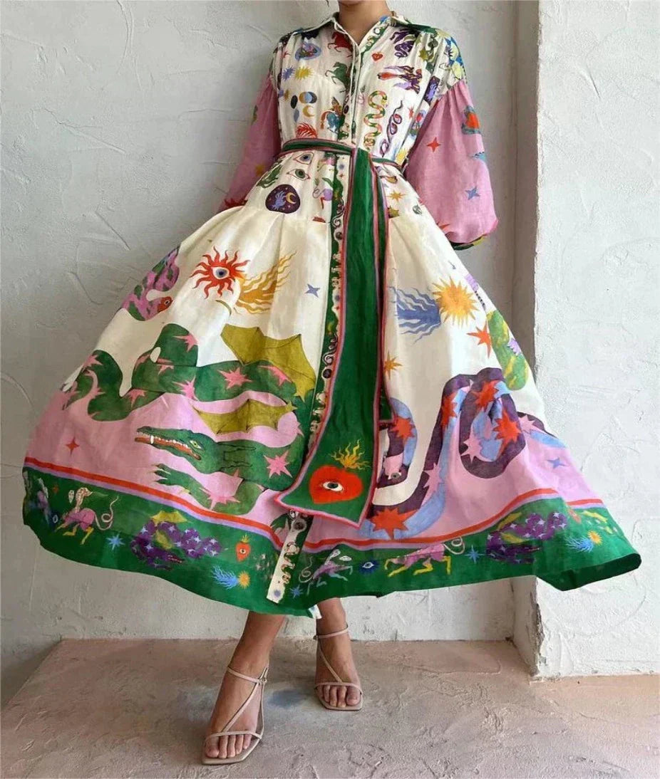 Women's Floral Print Balloon Sleeve Belted Shirt Maxi Dress Button-Down