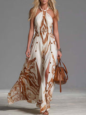 Women's Abstract Print Halter Neck Maxi Dress Button Side Split Floor Length