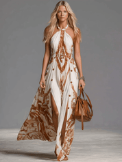 Women's Abstract Print Halter Neck Maxi Dress Button Side Split Floor Length