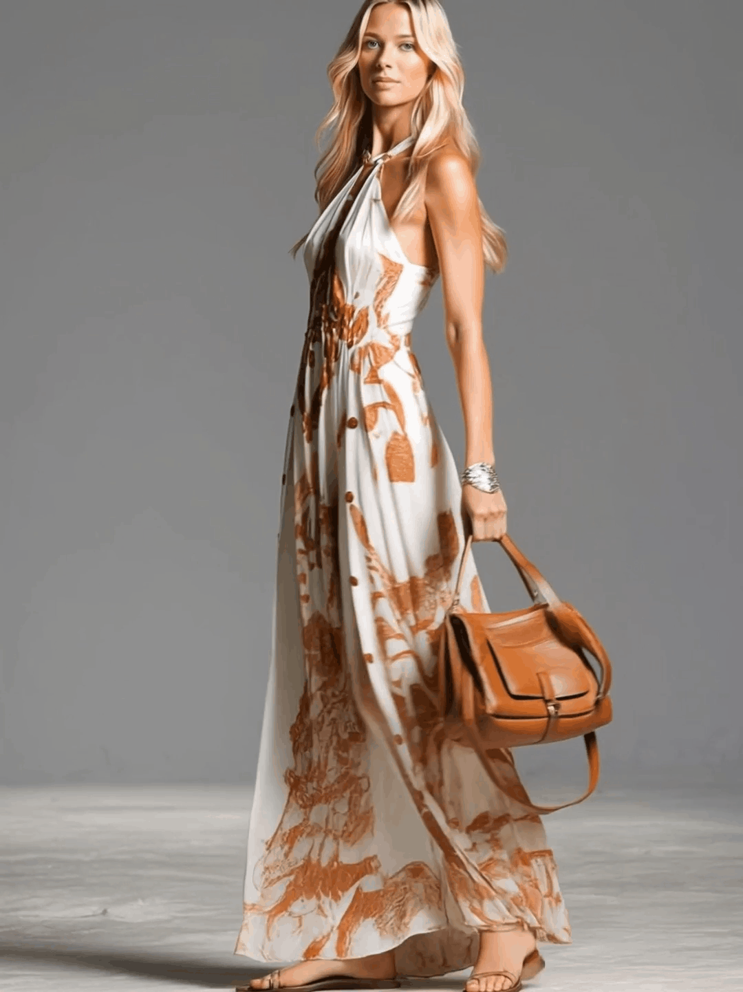 Women's Abstract Print Halter Neck Maxi Dress Button Side Split Floor Length