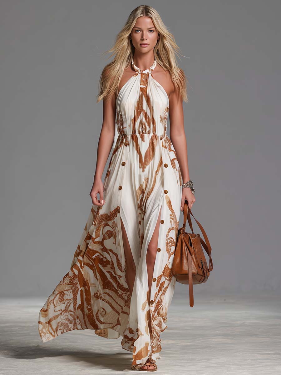 Women's Abstract Print Halter Neck Maxi Dress Button Side Split Floor Length