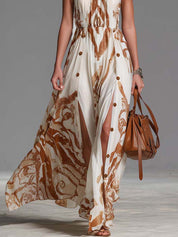 Women's Abstract Print Halter Neck Maxi Dress Button Side Split Floor Length