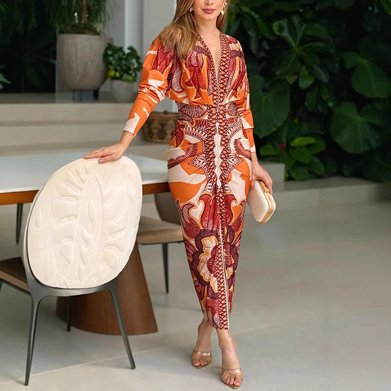 Women's Abstract Print Bodycon Midi Dress Deep V-Neck Long Sleeve Figure Hugging