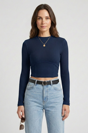 Women's Trendy Fitted Crop Top with Long Sleeve and High Round Neckline