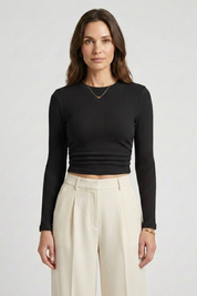 Women's Trendy Fitted Crop Top with Long Sleeve and High Round Neckline