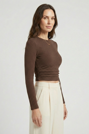 Women's Trendy Fitted Crop Top with Long Sleeve and High Round Neckline