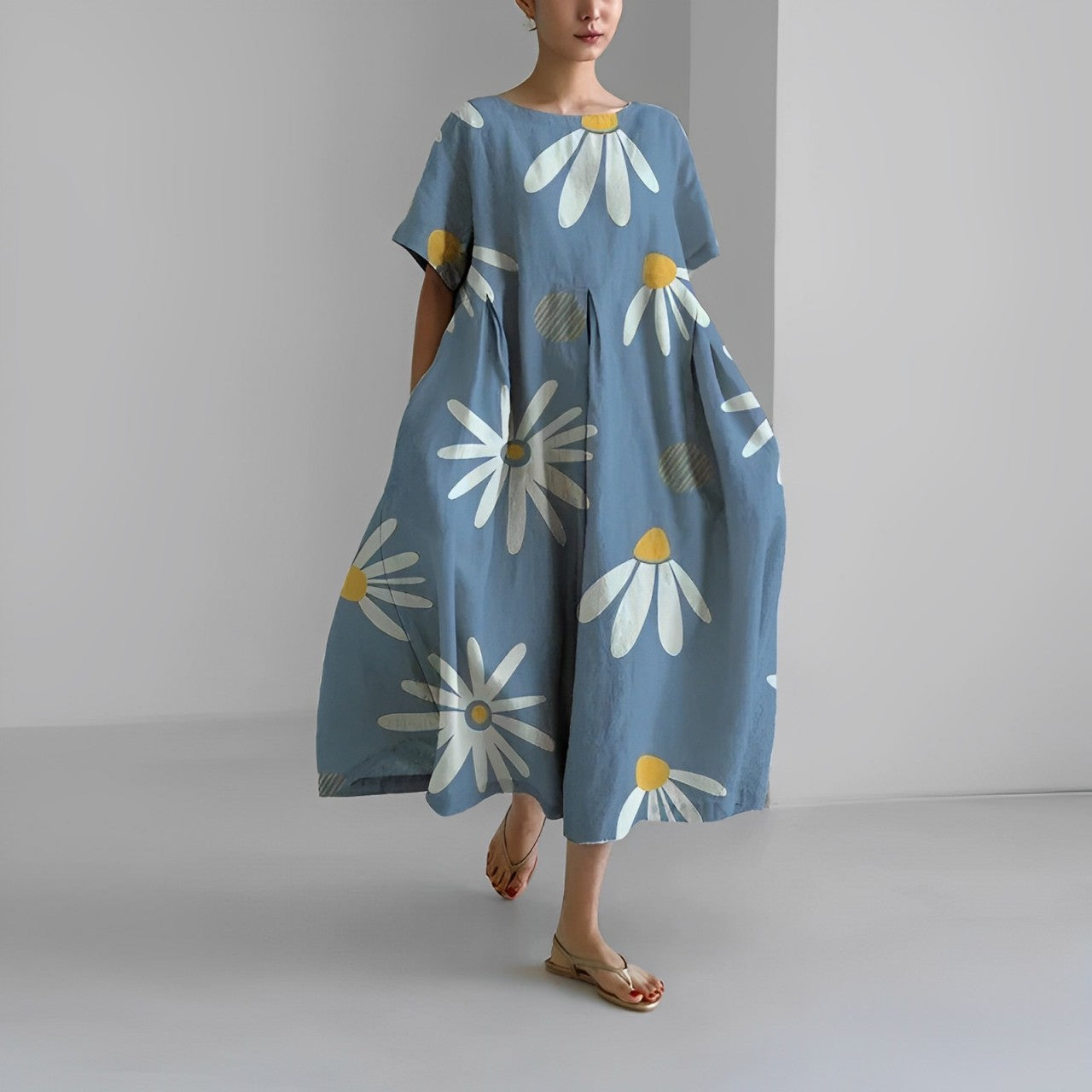 Women's Vibrant Floral Print Boxy Dress Oversized Casual Midi Short Sleeve