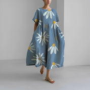 Women's Vibrant Floral Print Boxy Dress Oversized Casual Midi Short Sleeve
